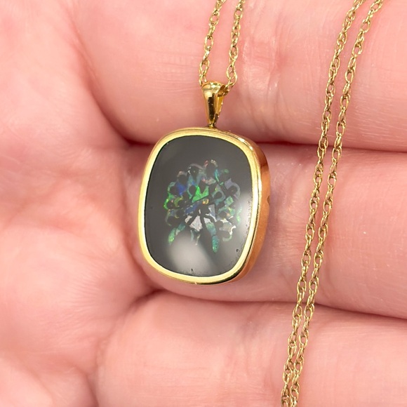 Vintage 14K Opal Peacock Onyx Necklace, Natural Australian, Rainbow Inlay 16” - Picture 10 of 17